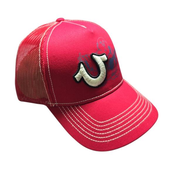 True Religion Red Trucker Hat Snapback OSFM Men's Y2K Streetwear Buddha Logo NEW - Picture 3 of 8